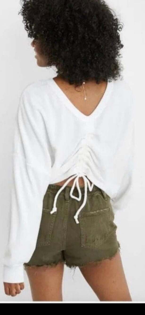 Aerie Terry Front Cinch Drawstring LA Cropped Top White Large Y2K Retro